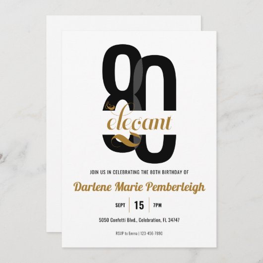Minimal Achtzig & elegant Black Gold 80. Geburtsta Einladung (Vorne/Hinten)