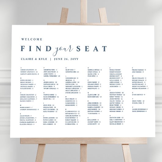 Minimal Alphabetisches Blue Wedding Seating Chart Poster