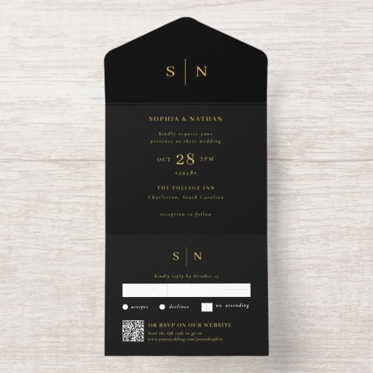Minimal and Chic Black | QR Code Wedding Gold Foil All-in-One-Einladung (Innenseite)