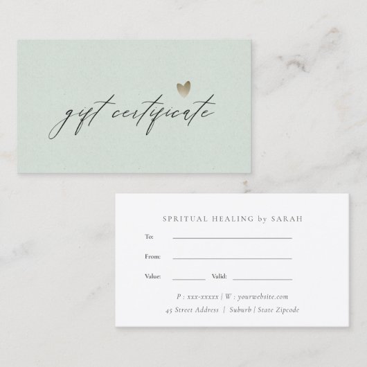 Minimal Aqua Script Silver Heart Geschenkgutschein Visitenkarte (Vorne/Hinten)