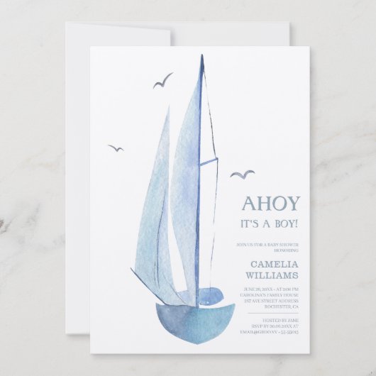 Minimal Aquarelle Sailboat Babydusche Ahoy Boy's Einladung (Vorderseite)