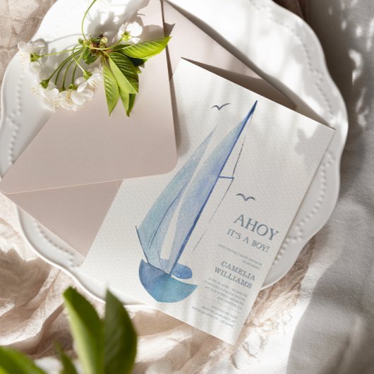 Minimal Aquarelle Sailboat Babydusche Ahoy Boy's Einladung