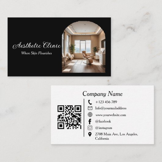 Minimal Arch Aesthetic Clinic QR Code Black White Visitenkarte (Vorne/Hinten)