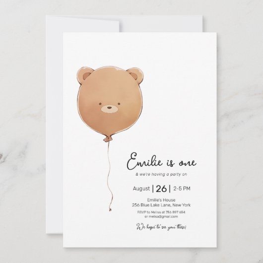 Minimal Baby Bear Balloon Geburtstag Einladung (Vorderseite)