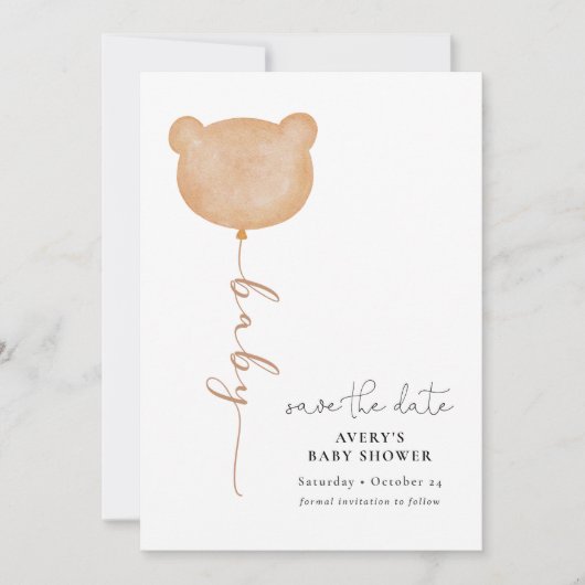 Minimal Baby Bear Balloon Save the Date Einladung (Vorderseite)