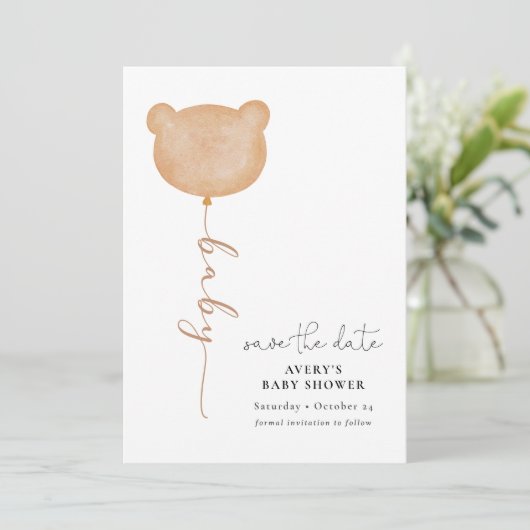 Minimal Baby Bear Balloon Save the Date Einladung (Stehend Vorderseite)