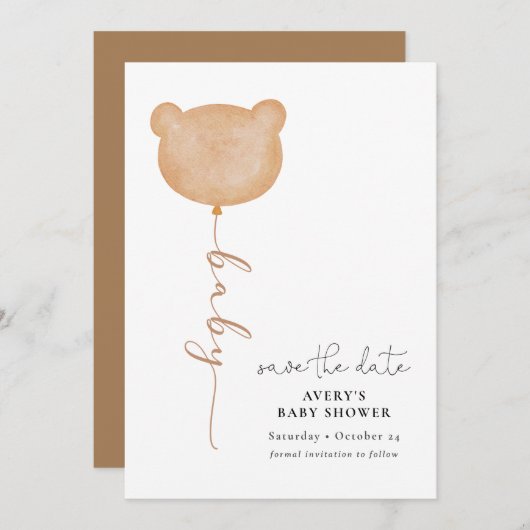 Minimal Baby Bear Balloon Save the Date Einladung (Vorne/Hinten)