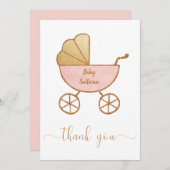 Minimal Baby Girl Dusche Retro Carriage Pink Gold Dankeskarte (Vorne/Hinten)