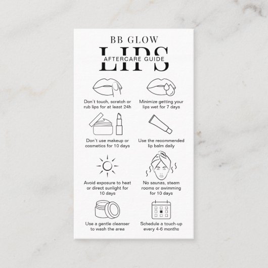 Minimal BB Glow Lips Aftercare Instructions Salon Visitenkarte (Vorderseite)