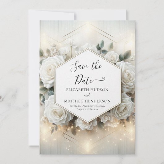 Minimal bearbeitbare White Roses Hochzeit Save The Date (Vorderseite)