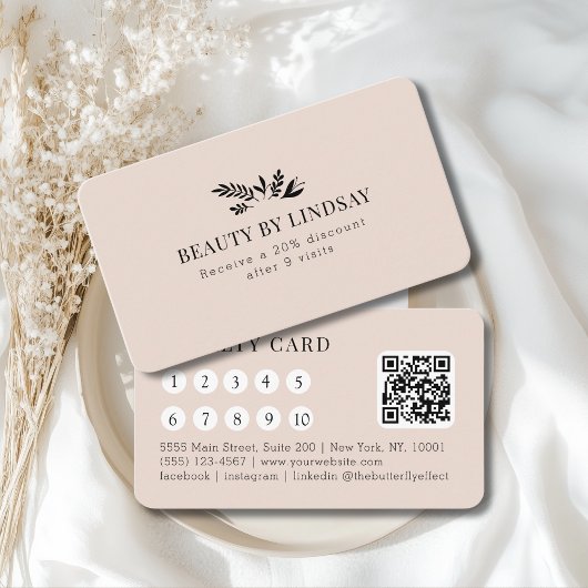 Minimal Beige Botanical Salon QR-Code Loyalty Visitenkarte
