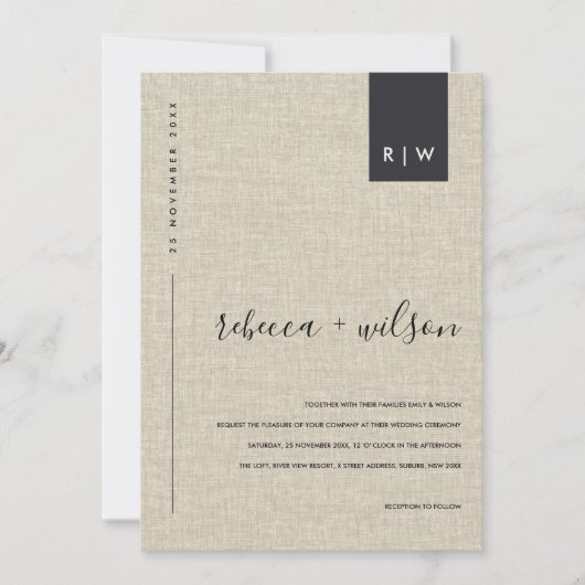 MINIMAL BEIGE CAMAL LINEN TYPOGRAPHY WEDD EINLADUNG (Vorderseite)