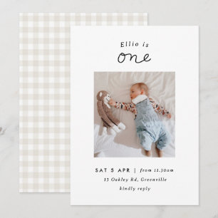 Minimal Beige Gingham Foto 1. Geburtstag Einladung