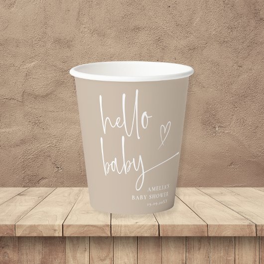 Minimal Beige Hello Baby Moderne Babydusche Pappbecher