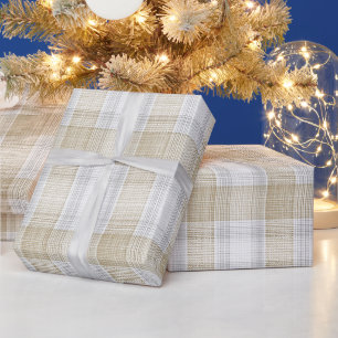 Minimal Beige Weißes Weiches Leinen Karomuster Geschenkpapier