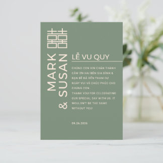 Minimal Bilingual Vietnamese Wedding Green Dankeskarte