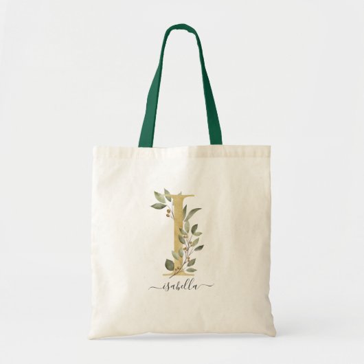 Minimal Bio Greenery Gold Monogram Letter "I" Tragetasche (Vorne)