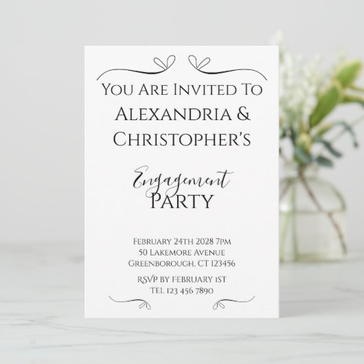 Minimal Black and White Script Engagement Party Einladung (Stehend Vorderseite)