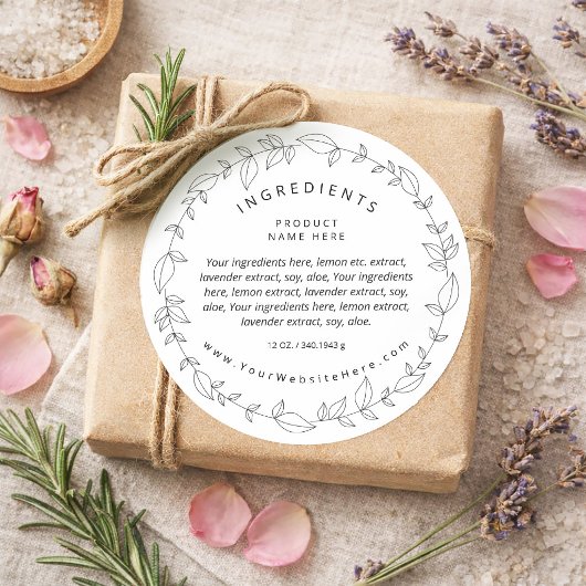 Minimal Black and White Wreath Ingredients Label Runder Aufkleber