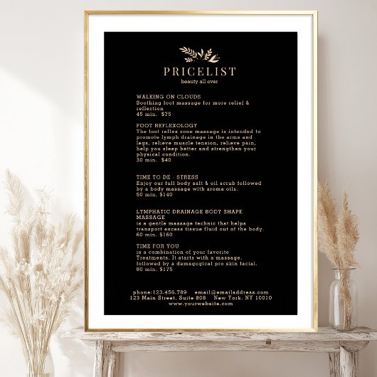 Minimal Black Botanical Salon Price List Poster
