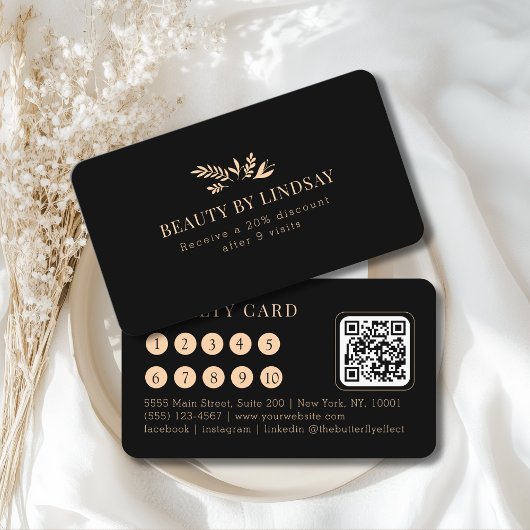 Minimal Black Botanical Salon QR-Code Loyalty Visitenkarte