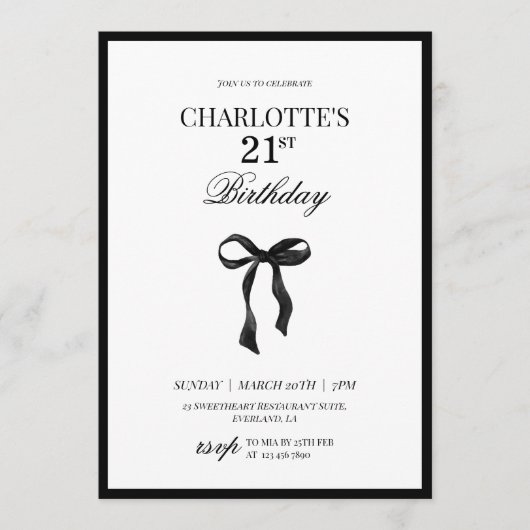 Minimal Black Bow 21th Birthday Invitation Einladung (Vorderseite)