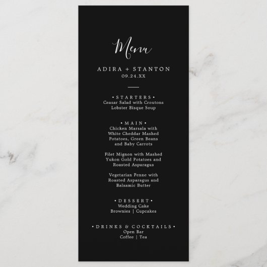 Minimal Black Coordinate Hochzeitsessen Menükarte (Vorderseite)