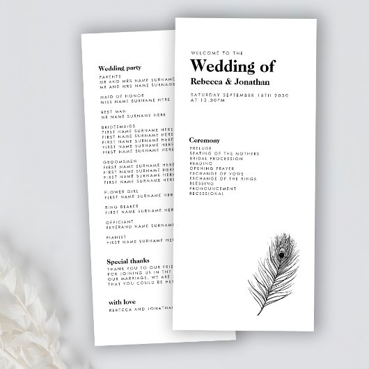 Minimal Black Feather Wedding Programm