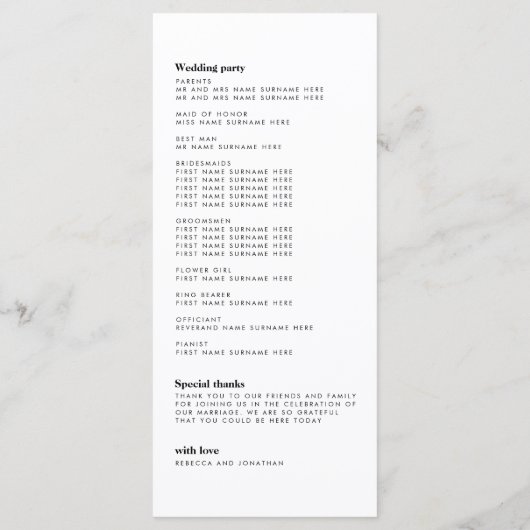 Minimal Black Feather Wedding Programm (Rückseite)