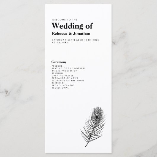 Minimal Black Feather Wedding Programm (Vorderseite)