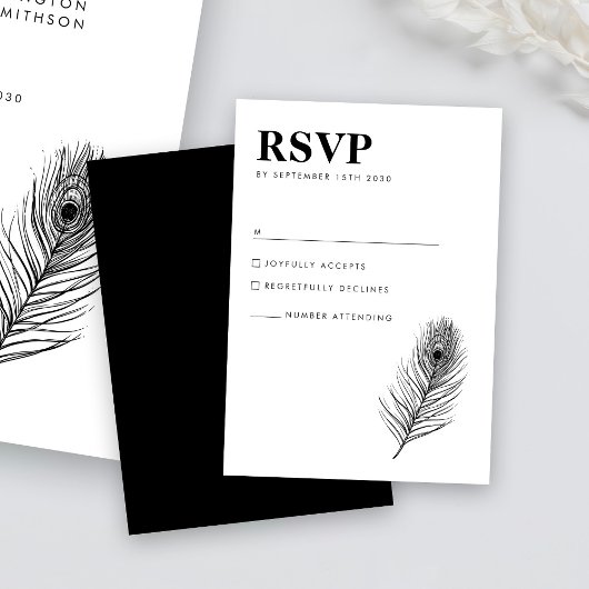 Minimal Black Feather Wedding RSVP Card