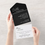 Minimal Black Modern Wedding All In One Einladung<br><div class="desc">Modernes Schwarz in einer Hochzeitseinladung mit einem schlichten und minimalen Design mit dem Namen der Braut in einem eleganten Drehbuch und dem Namen des Bräutigams in einem zeitgenössischen serifenlosen Schriftart. Unten unten rechts finden Sie Ihre Veranstaltungsdetails in minimalistischem Layout.</div>