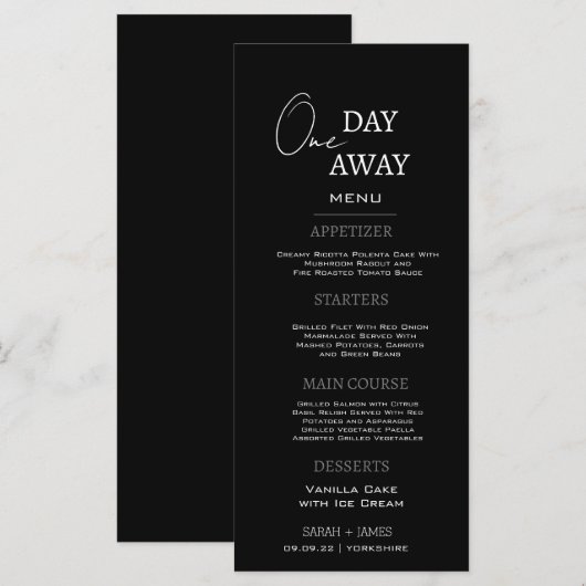 Minimal Black One Day Away Probe Dinner Party Menükarte (Vorne/Hinten)