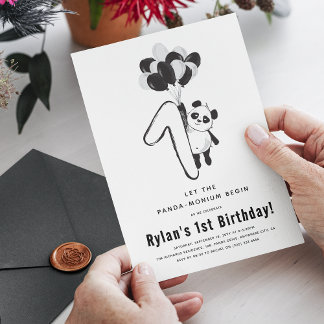 Minimal Black & White Panda 1. Geburtstag Party Einladung
