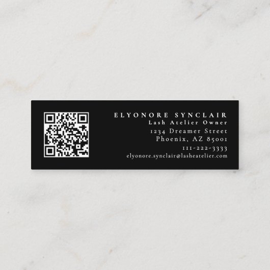 Minimal Black White Script Lash Logo Qr Code Mini Visitenkarte (Rückseite)