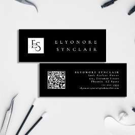 Minimal Black White Script Lash Logo Qr Code Mini Visitenkarte