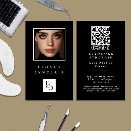 Minimal Black White Script Lash Photo Logo QR Visitenkarte