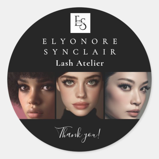 Minimal Black White Script Lash Photo Logo Runder Aufkleber (Vorderseite)