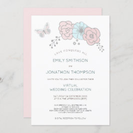 Minimal Bläsernbutterfly Blue Pink Virtual Wedding Einladung