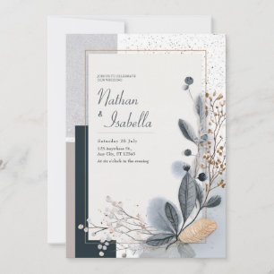 Minimal Blau Grau Gold Botanischer Glitter Hochzei Einladung