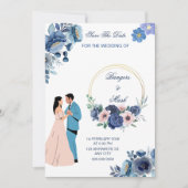 Minimal blaue Blüte mit Hochzeitscouch Einladung (Vorderseite)