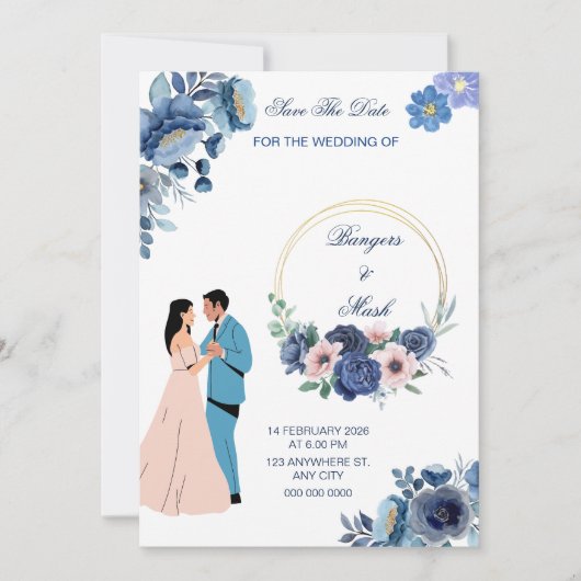 Minimal blaue Blüte mit Hochzeitscouch Einladung (Vorderseite)