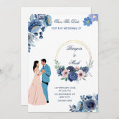 Minimal blaue Blüte mit Hochzeitscouch Einladung (Vorne/Hinten)