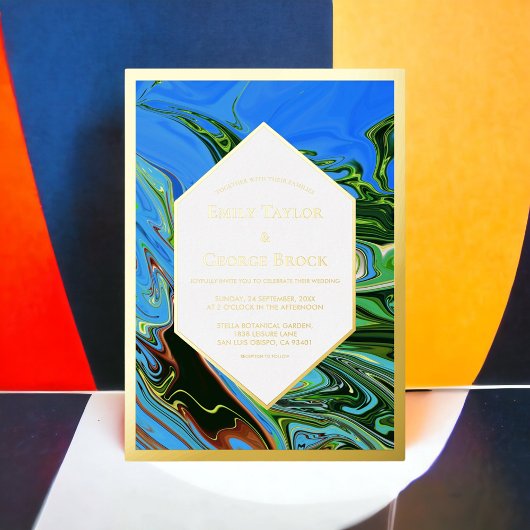 Minimal blaugrüne Abstrakte Malerei Hochzeit Gold Folieneinladung