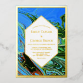 Minimal blaugrüne Abstrakte Malerei Hochzeit Gold Folieneinladung (Vorderseite)