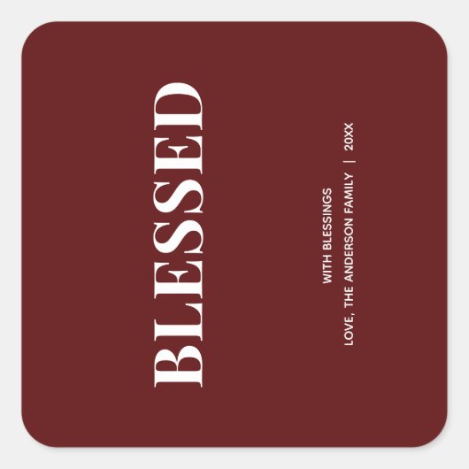 Minimal BLESSED | Deep Red Holiday Quadratischer Aufkleber (Vorderseite)