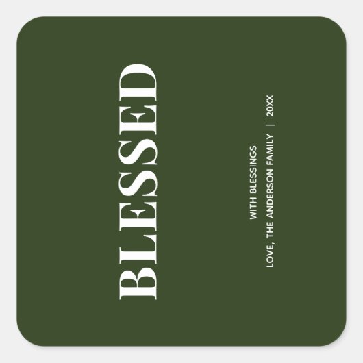 Minimal BLESSED | Forest Green Holiday Quadratischer Aufkleber (Vorderseite)