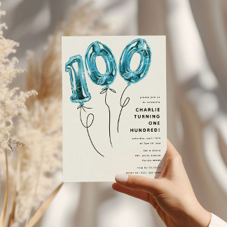 Minimal Blue 100 Balloon 100. Geburtstagsparty Einladung