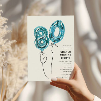 Minimal Blue 80 Balloon 80. Geburtstagsparty Einladung