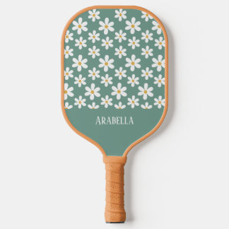 Minimal Blue and White Daisies Personalisiert Boho Pickleball Schläger